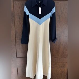 Karen Millen Navy ,Cream and Light Blue Rib Knit Long Sleeve Dress NWT $299 MSRP
